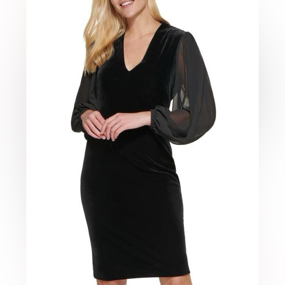 Vince Camuto Elegant Black Velvet Chiffon Sleeve Shift Dress, Size 2 (Runs big)